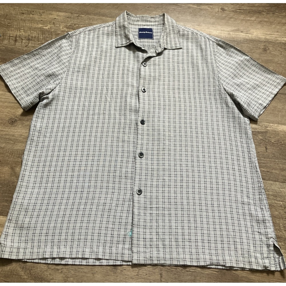 Tommy Bahama Shirt Mens XL Black Gray Check Silk Cotton Hawaiian Button Up